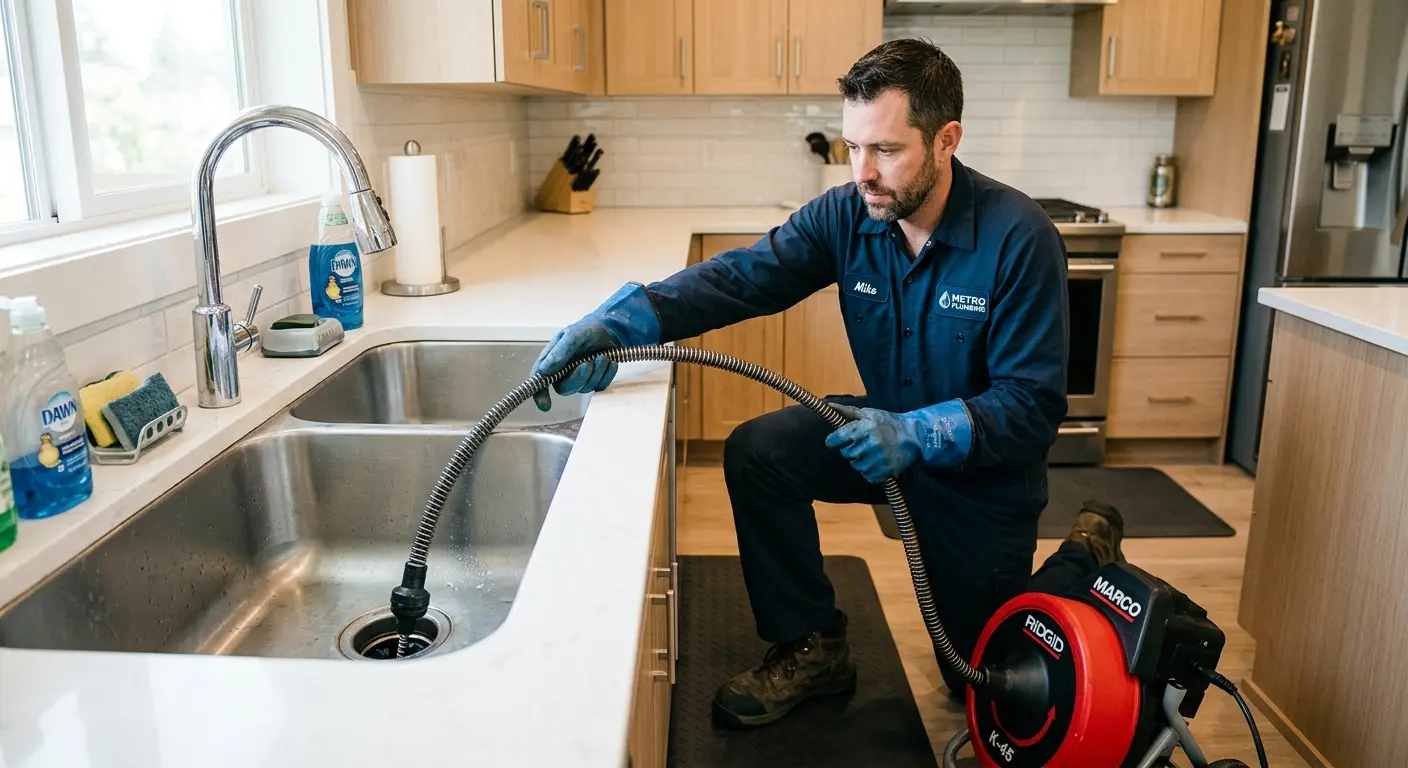 Drain cleaning technician using a motorized snake on a kitchen sink in Windham