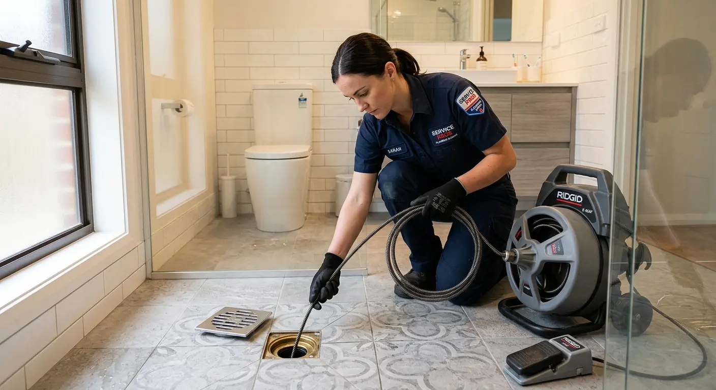 Technician clearing a bathroom floor drain for Sewer Line Installation in Windham